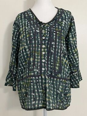 Little Journeys Chicago Top Large Button Blouse  100% Cotton Peasant Artsy
